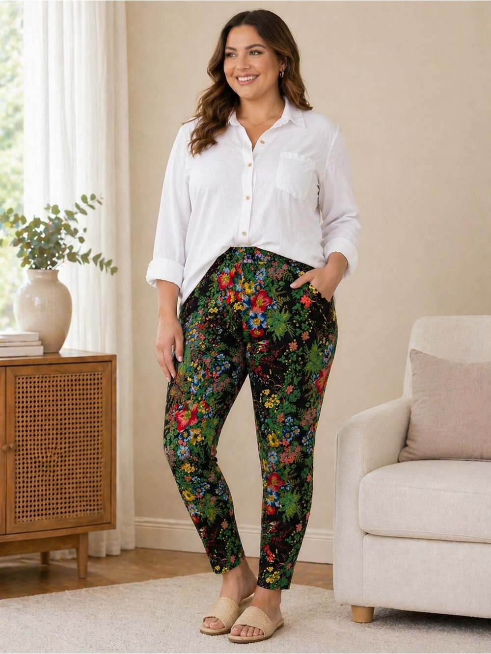 Soft Surroundings Floral Print Pull-on Ankle Pants w Shaping Tummy panel